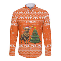 Bhutan Christmas Long Sleeve Button Shirt with Takin Santa Hat Christmas Tree and Snowflake Pattern in Orange - Wonder Print Shop