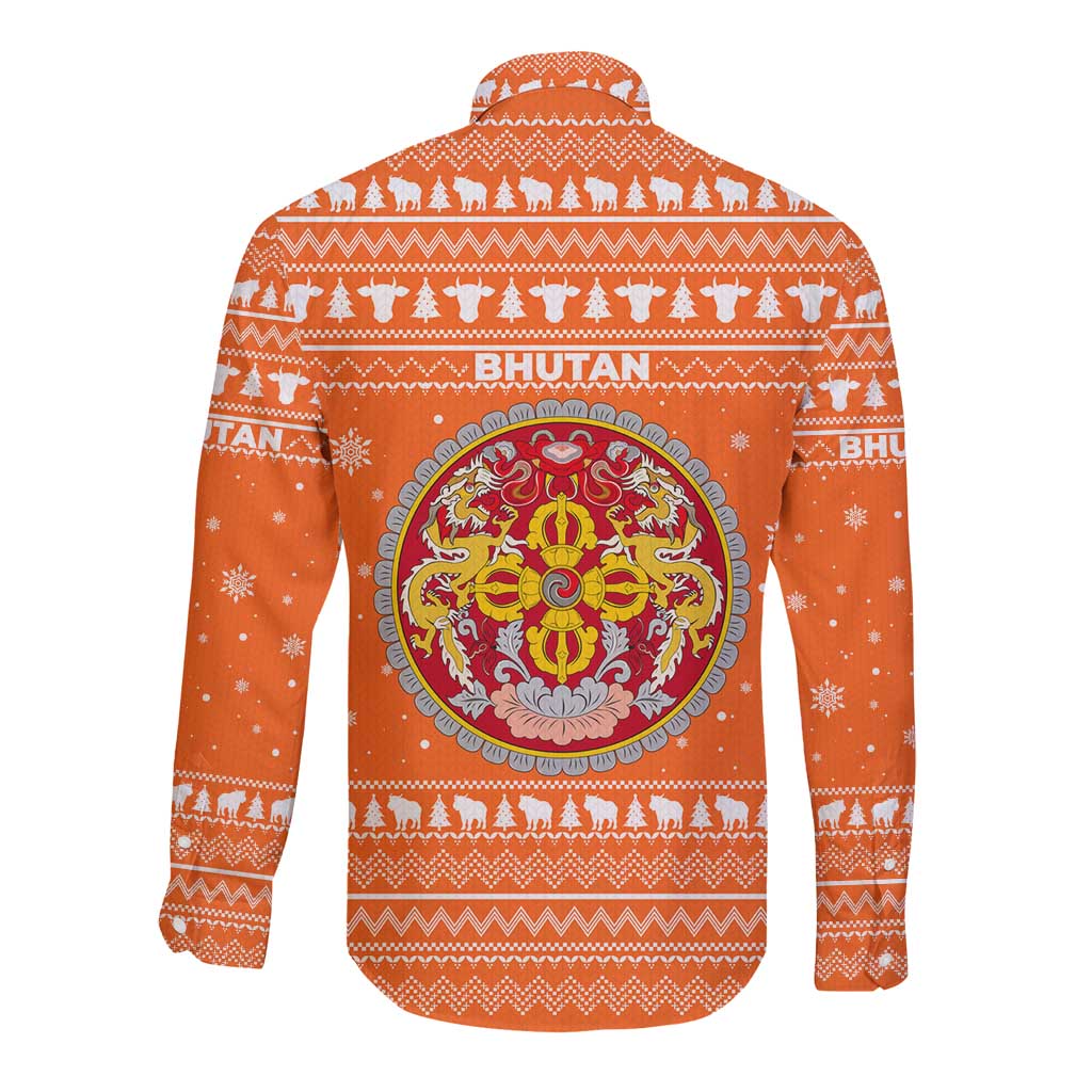 Bhutan Christmas Long Sleeve Button Shirt with Takin Santa Hat Christmas Tree and Snowflake Pattern in Orange - Wonder Print Shop