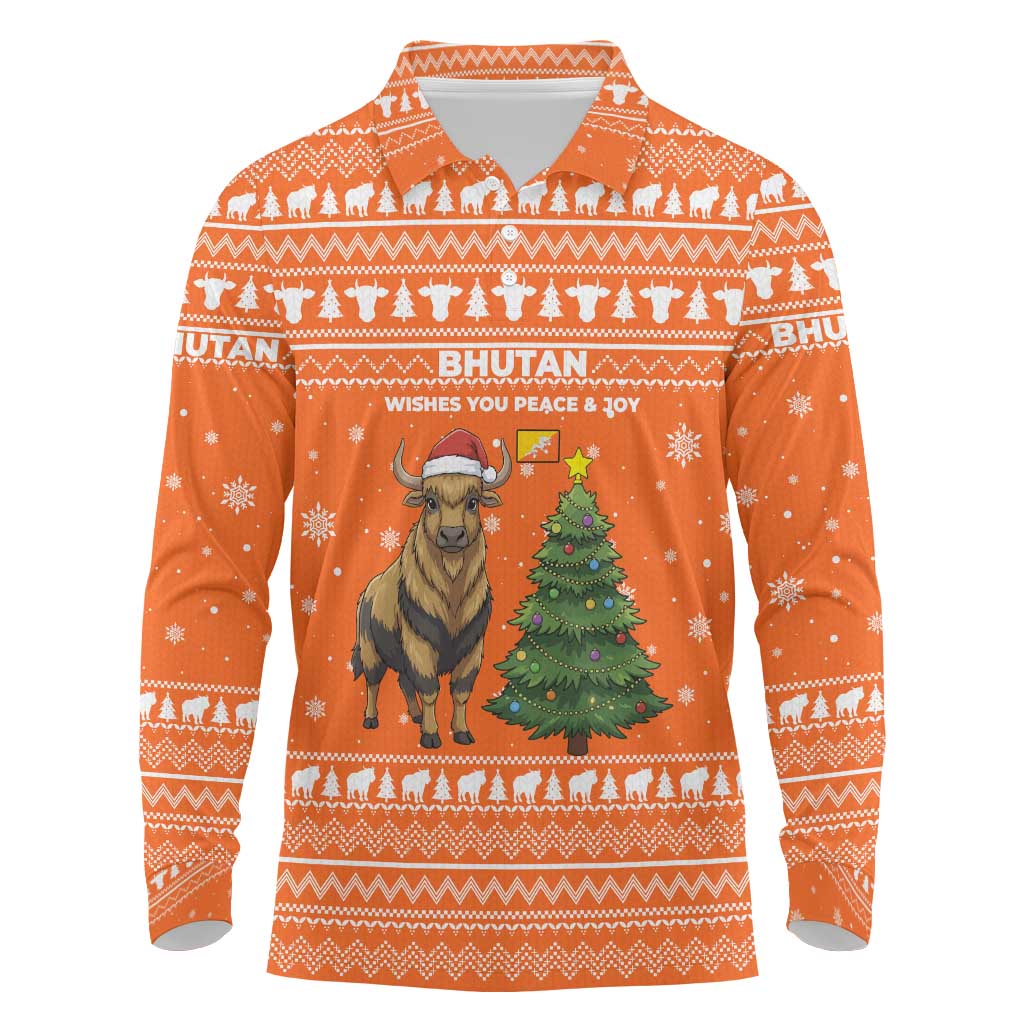 Bhutan Christmas Long Sleeve Polo Shirt with Takin Santa Hat Christmas Tree and Snowflake Pattern in Orange - Wonder Print Shop