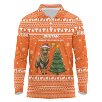 Bhutan Christmas Long Sleeve Polo Shirt with Takin Santa Hat Christmas Tree and Snowflake Pattern in Orange - Wonder Print Shop