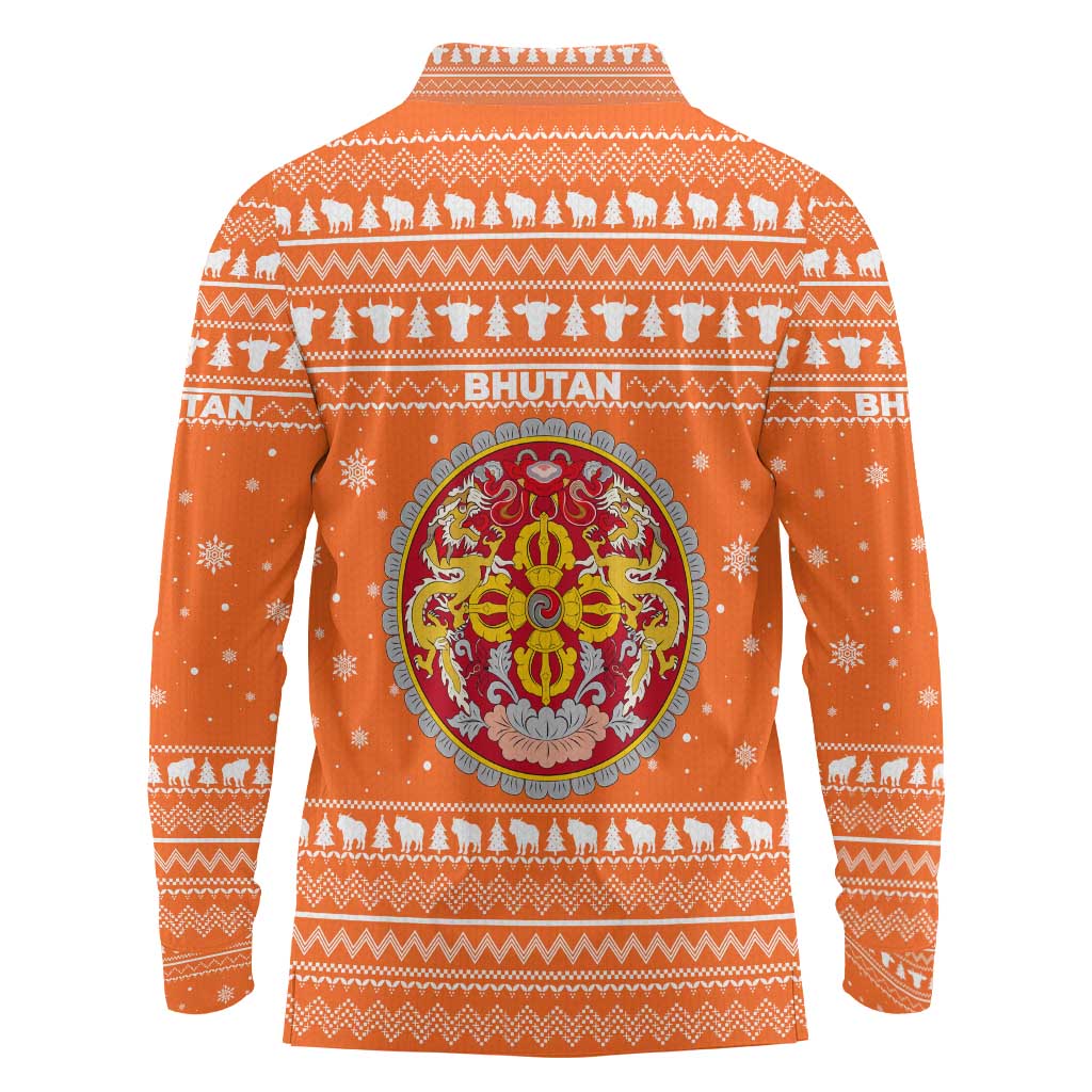 Bhutan Christmas Long Sleeve Polo Shirt with Takin Santa Hat Christmas Tree and Snowflake Pattern in Orange - Wonder Print Shop