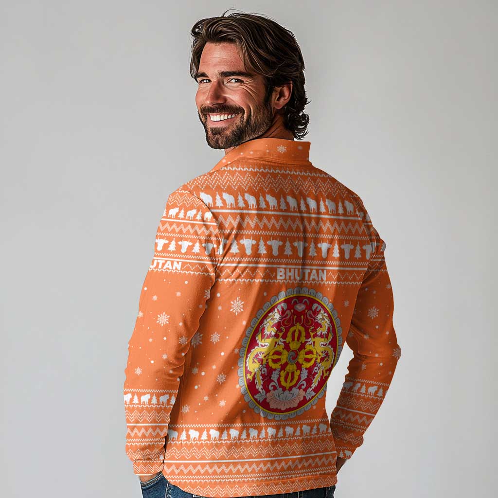 Bhutan Christmas Long Sleeve Polo Shirt with Takin Santa Hat Christmas Tree and Snowflake Pattern in Orange - Wonder Print Shop