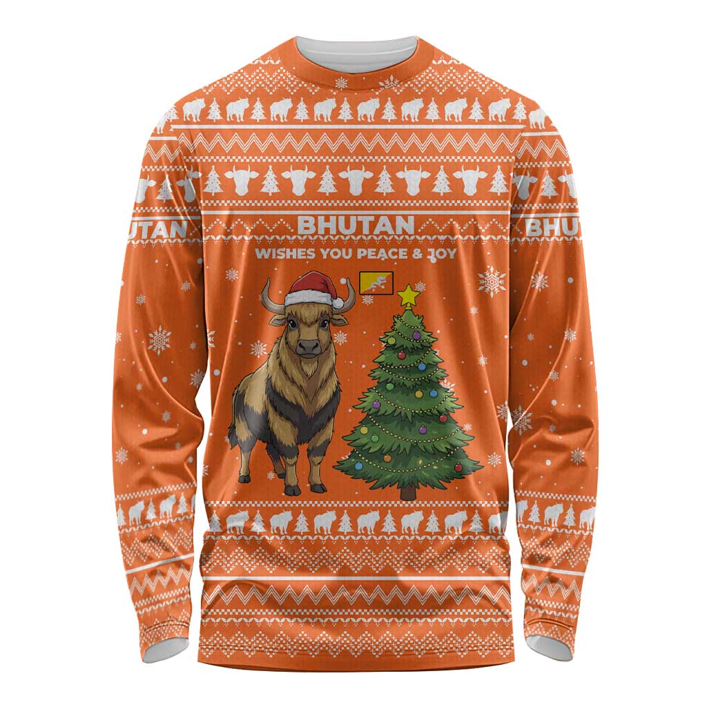 Bhutan Christmas Long Sleeve Shirt with Takin Santa Hat Christmas Tree and Snowflake Pattern in Orange - Wonder Print Shop