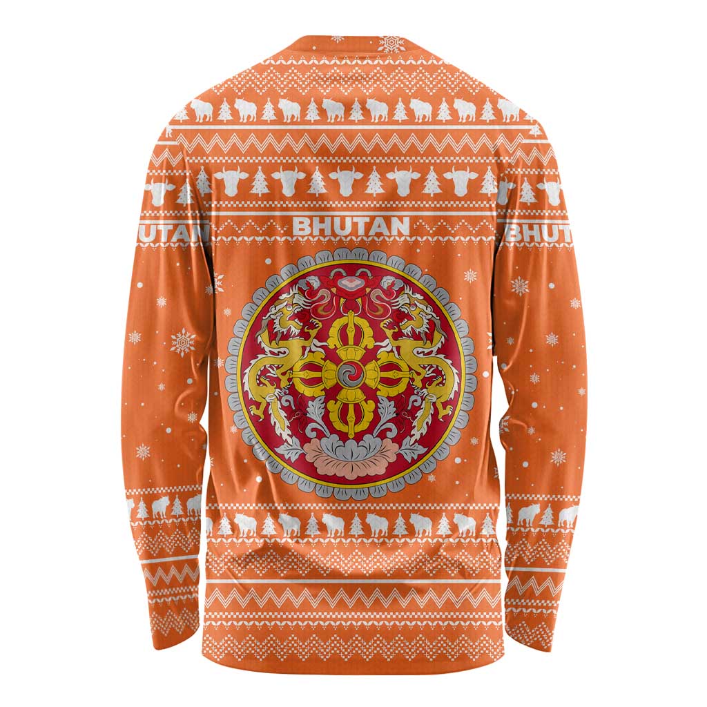 Bhutan Christmas Long Sleeve Shirt with Takin Santa Hat Christmas Tree and Snowflake Pattern in Orange - Wonder Print Shop