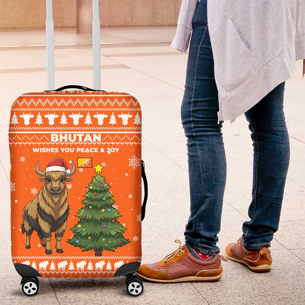 Bhutan Christmas Luggage Cover with Takin Santa Hat Christmas Tree and Snowflake Pattern in Orange - Wonder Print Shop