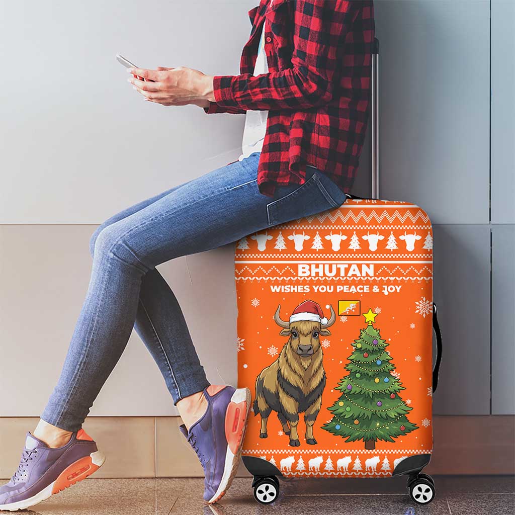 Bhutan Christmas Luggage Cover with Takin Santa Hat Christmas Tree and Snowflake Pattern in Orange - Wonder Print Shop