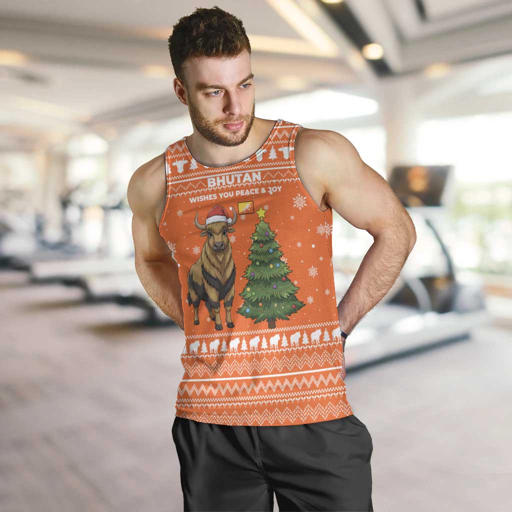 Bhutan Christmas Men Tank Top with Takin Santa Hat Christmas Tree and Snowflake Pattern in Orange - Wonder Print Shop