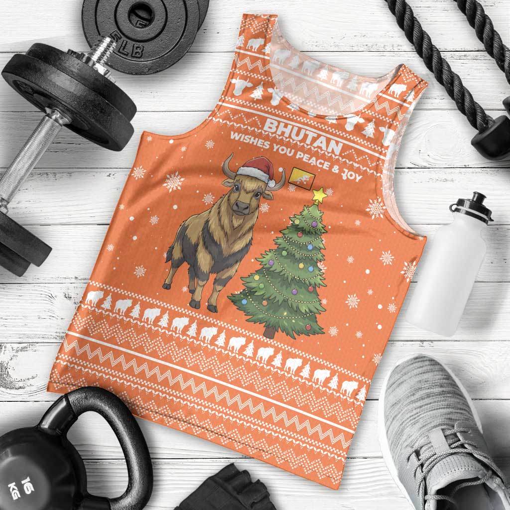 Bhutan Christmas Men Tank Top with Takin Santa Hat Christmas Tree and Snowflake Pattern in Orange - Wonder Print Shop