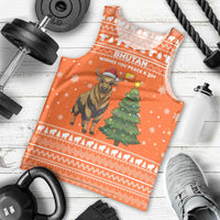 Bhutan Christmas Men Tank Top with Takin Santa Hat Christmas Tree and Snowflake Pattern in Orange - Wonder Print Shop