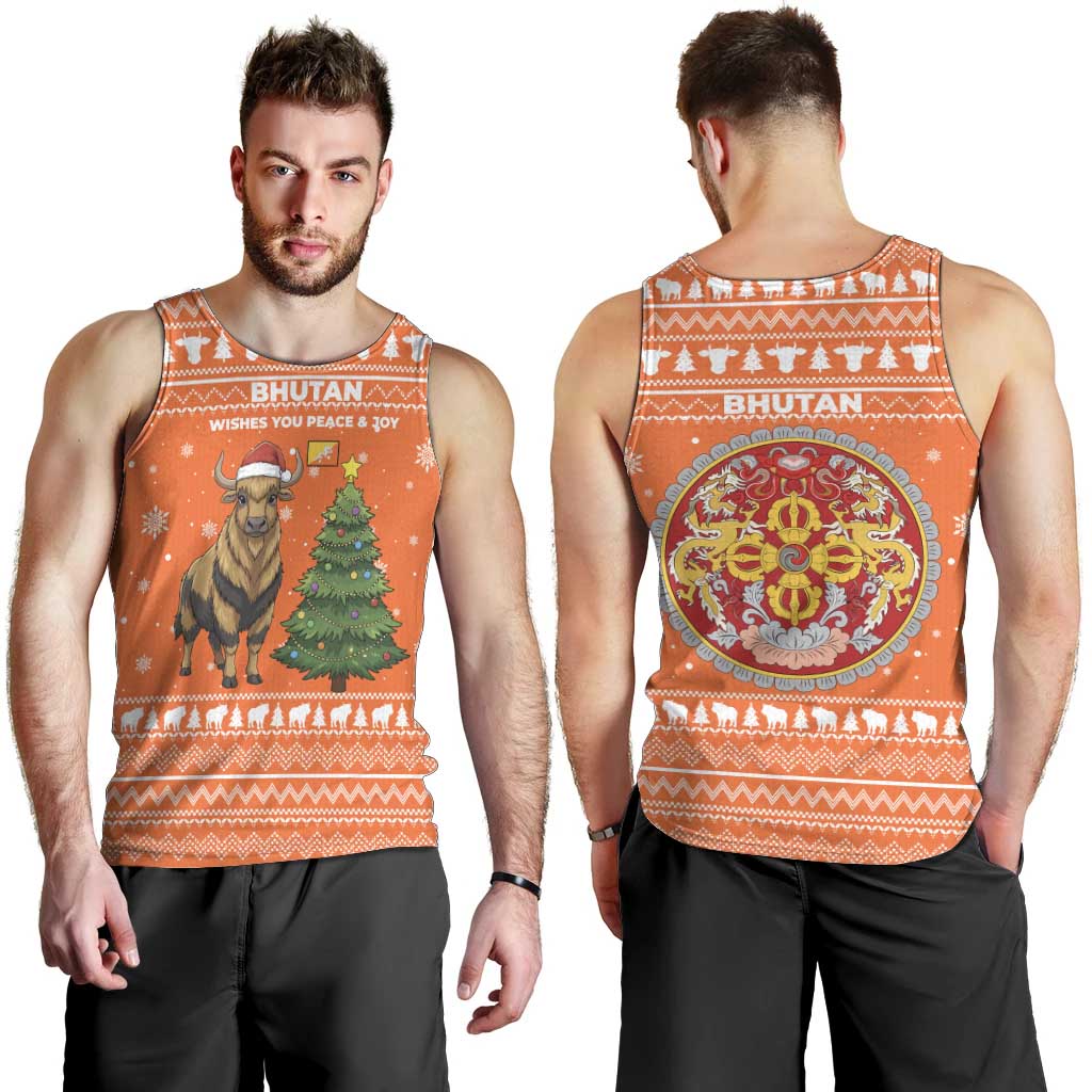 Bhutan Christmas Men Tank Top with Takin Santa Hat Christmas Tree and Snowflake Pattern in Orange - Wonder Print Shop