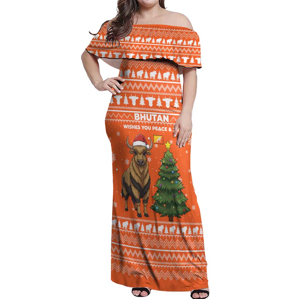 Bhutan Christmas Off Shoulder Maxi Dress with Takin Santa Hat Christmas Tree and Snowflake Pattern in Orange - Wonder Print Shop