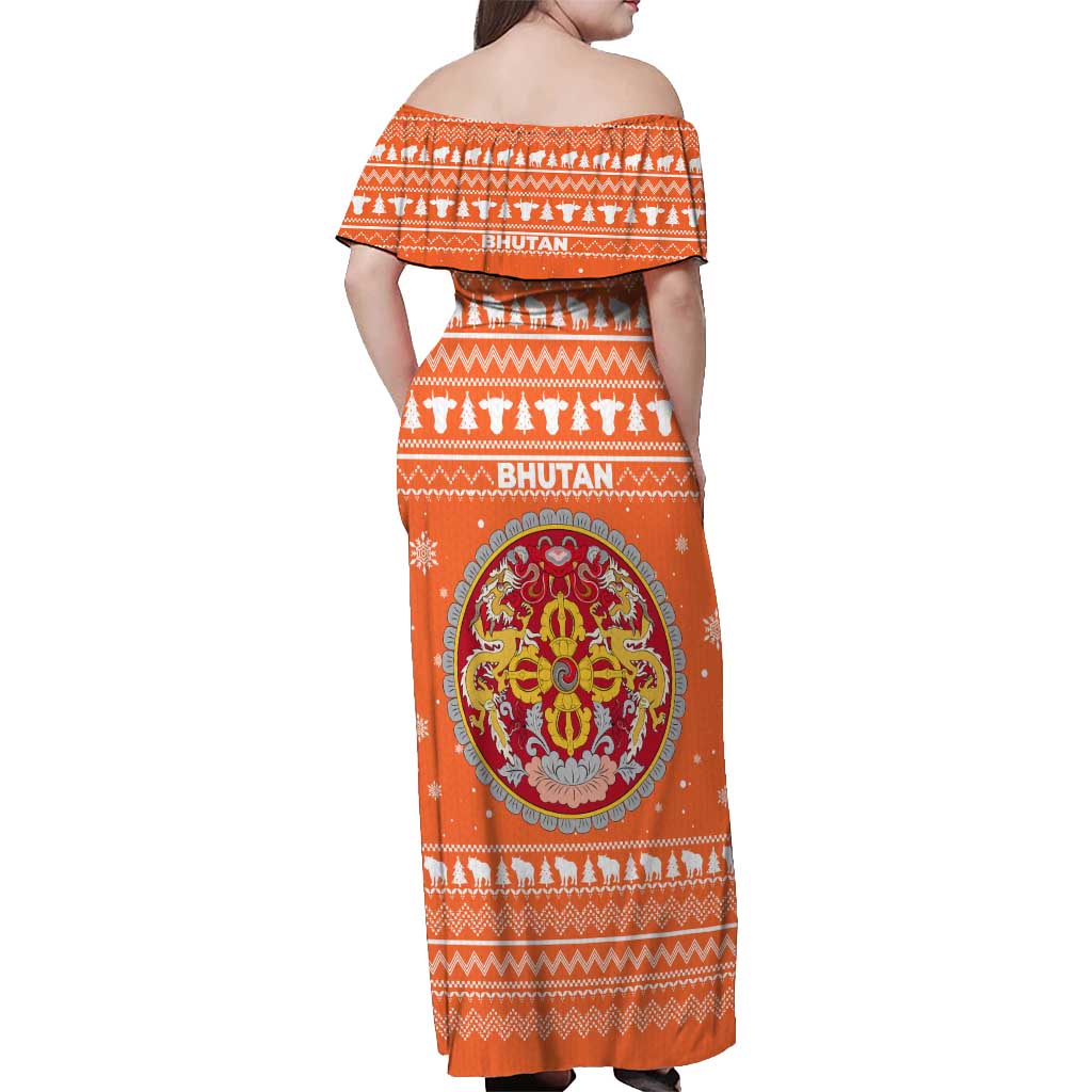 Bhutan Christmas Off Shoulder Maxi Dress with Takin Santa Hat Christmas Tree and Snowflake Pattern in Orange - Wonder Print Shop