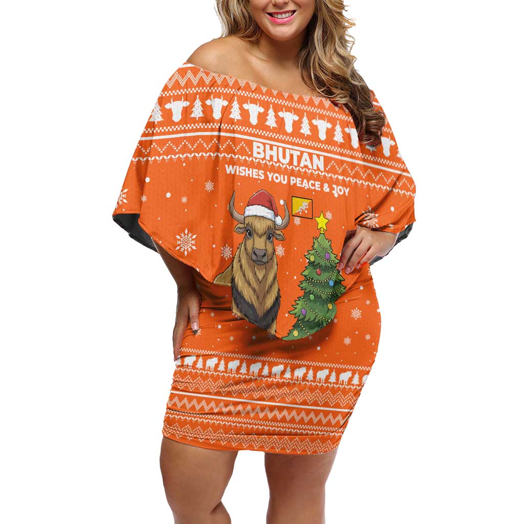 Bhutan Christmas Off Shoulder Short Dress with Takin Santa Hat Christmas Tree and Snowflake Pattern in Orange - Wonder Print Shop