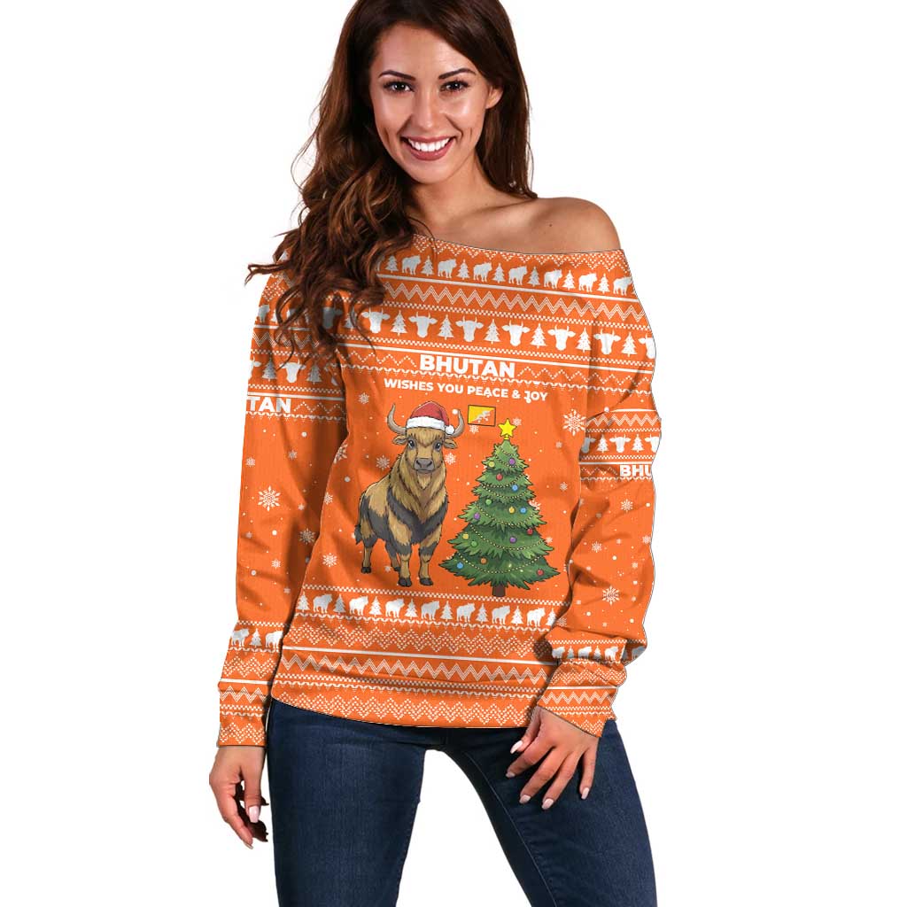 Bhutan Christmas Off Shoulder Sweater with Takin Santa Hat Christmas Tree and Snowflake Pattern in Orange - Wonder Print Shop