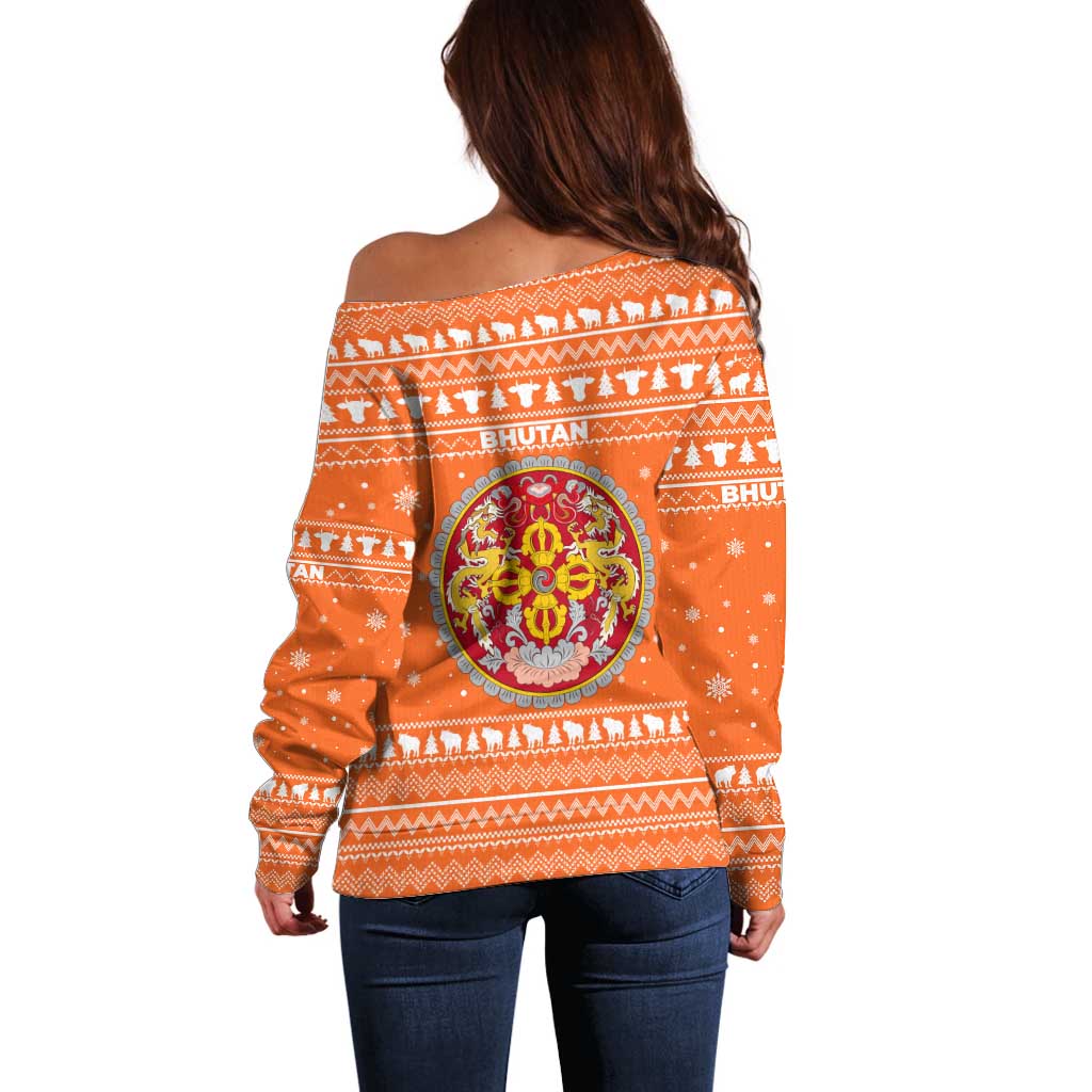 Bhutan Christmas Off Shoulder Sweater with Takin Santa Hat Christmas Tree and Snowflake Pattern in Orange - Wonder Print Shop