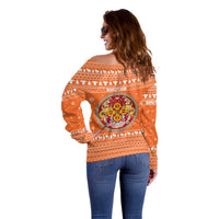 Bhutan Christmas Off Shoulder Sweater with Takin Santa Hat Christmas Tree and Snowflake Pattern in Orange - Wonder Print Shop