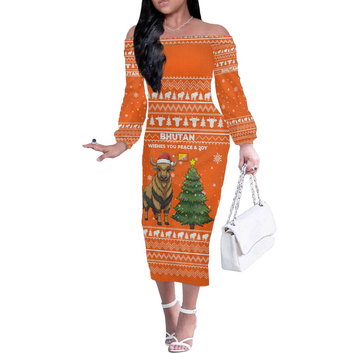 Bhutan Christmas Off The Shoulder Long Sleeve Dress with Takin Santa Hat Christmas Tree and Snowflake Pattern in Orange - Wonder Print Shop