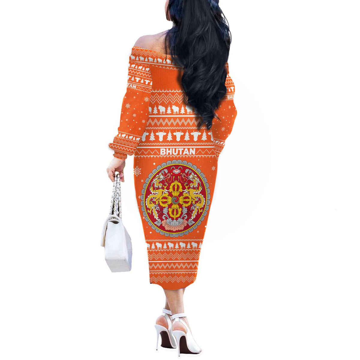 Bhutan Christmas Off The Shoulder Long Sleeve Dress with Takin Santa Hat Christmas Tree and Snowflake Pattern in Orange - Wonder Print Shop