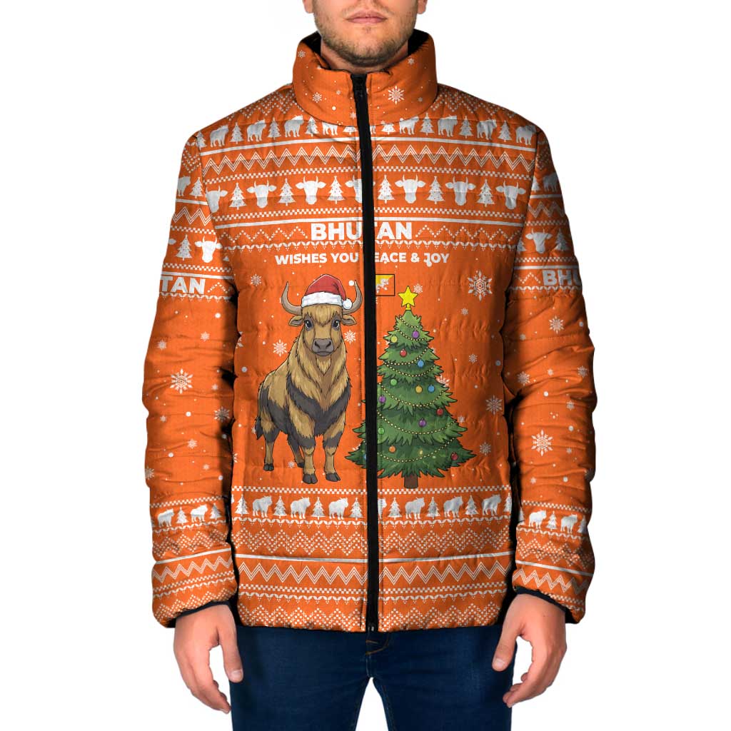 Bhutan Christmas Padded Jacket with Takin Santa Hat Christmas Tree and Snowflake Pattern in Orange - Wonder Print Shop