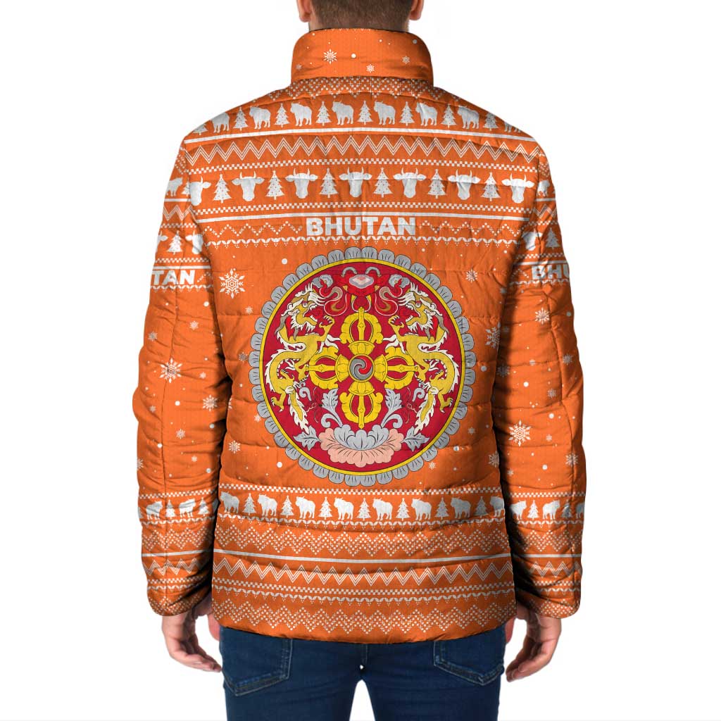 Bhutan Christmas Padded Jacket with Takin Santa Hat Christmas Tree and Snowflake Pattern in Orange - Wonder Print Shop