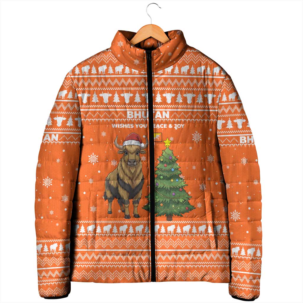 Bhutan Christmas Padded Jacket with Takin Santa Hat Christmas Tree and Snowflake Pattern in Orange - Wonder Print Shop