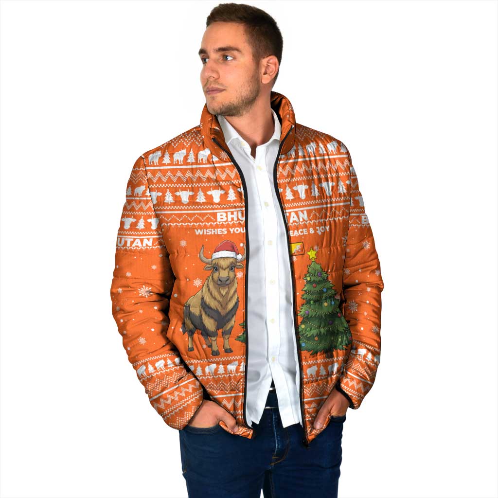 Bhutan Christmas Padded Jacket with Takin Santa Hat Christmas Tree and Snowflake Pattern in Orange - Wonder Print Shop