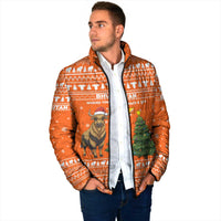 Bhutan Christmas Padded Jacket with Takin Santa Hat Christmas Tree and Snowflake Pattern in Orange - Wonder Print Shop
