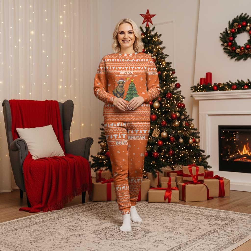 Bhutan Christmas Pajama Set with Takin Santa Hat Christmas Tree and Snowflake Pattern in Orange - Wonder Print Shop