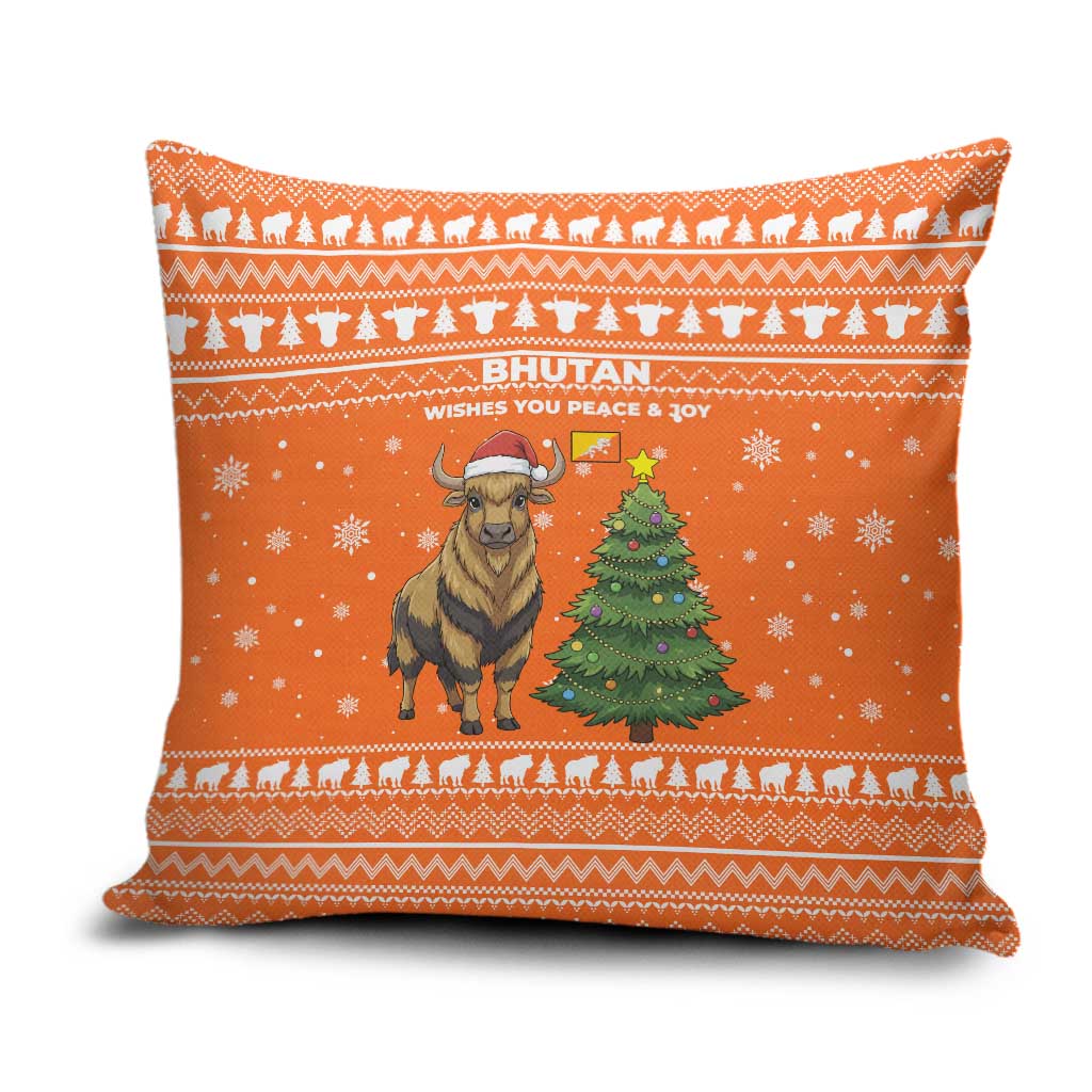 Bhutan Christmas Pillow Cover with Takin Santa Hat Christmas Tree and Snowflake Pattern in Orange - Wonder Print Shop