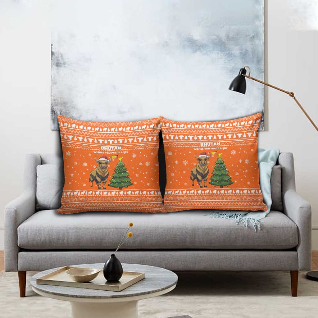 Bhutan Christmas Pillow Cover with Takin Santa Hat Christmas Tree and Snowflake Pattern in Orange - Wonder Print Shop