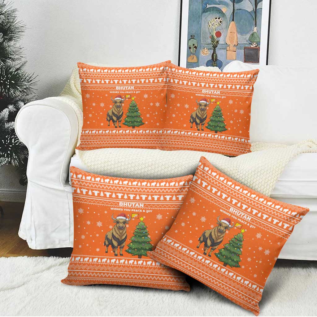 Bhutan Christmas Pillow Cover with Takin Santa Hat Christmas Tree and Snowflake Pattern in Orange - Wonder Print Shop