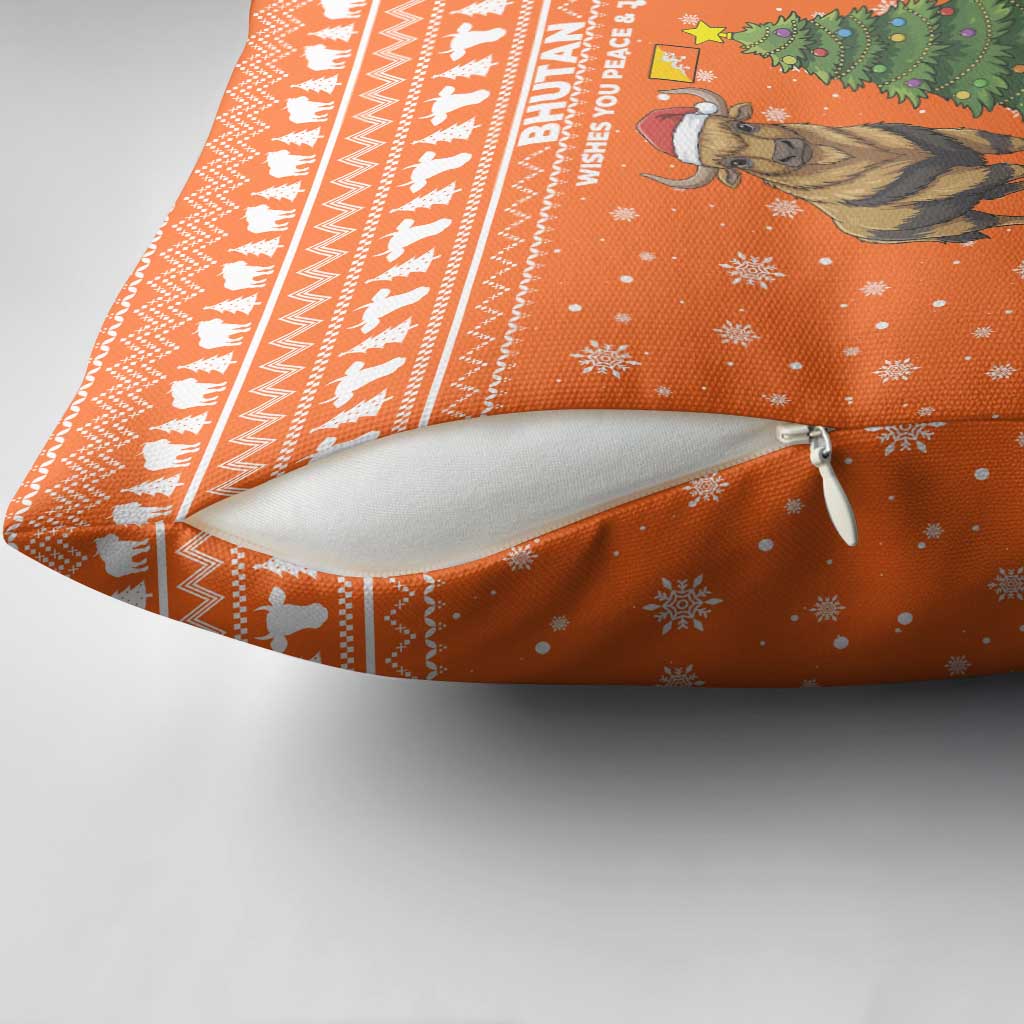 Bhutan Christmas Pillow Cover with Takin Santa Hat Christmas Tree and Snowflake Pattern in Orange - Wonder Print Shop