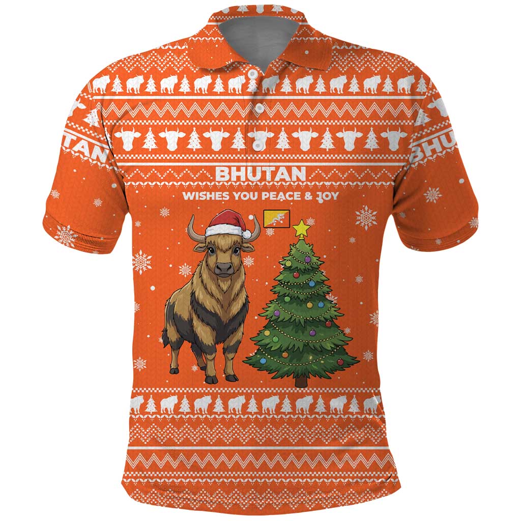 Bhutan Christmas Polo Shirt with Takin Santa Hat Christmas Tree and Snowflake Pattern in Orange - Wonder Print Shop