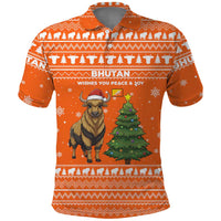 Bhutan Christmas Polo Shirt with Takin Santa Hat Christmas Tree and Snowflake Pattern in Orange - Wonder Print Shop