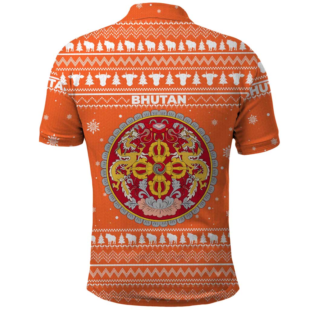 Bhutan Christmas Polo Shirt with Takin Santa Hat Christmas Tree and Snowflake Pattern in Orange - Wonder Print Shop