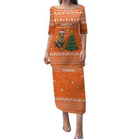 Bhutan Christmas Puletasi with Takin Santa Hat Christmas Tree and Snowflake Pattern in Orange - Wonder Print Shop