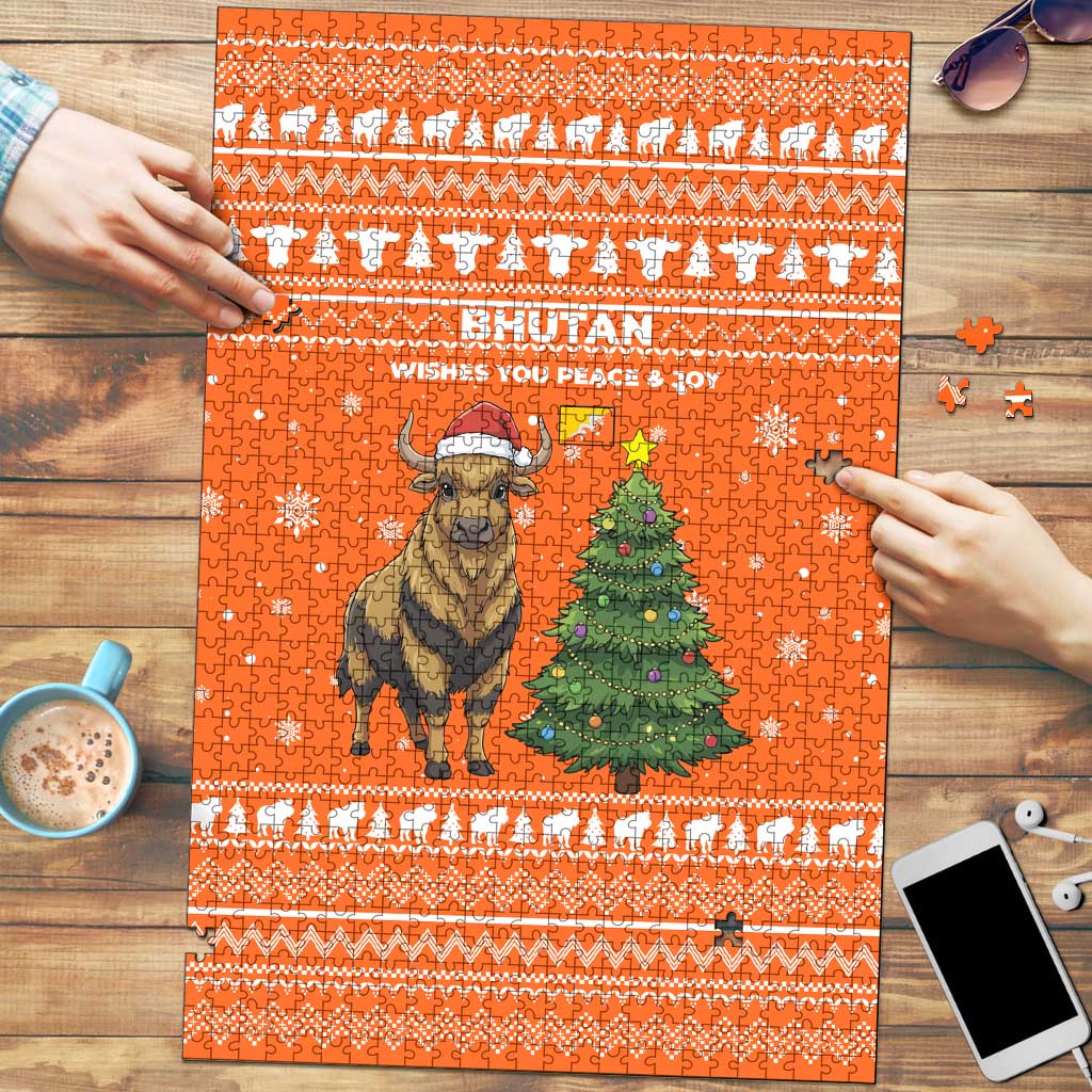 Bhutan Christmas Puzzle with Takin Santa Hat Christmas Tree and Snowflake Pattern in Orange - Wonder Print Shop