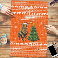 Bhutan Christmas Puzzle with Takin Santa Hat Christmas Tree and Snowflake Pattern in Orange - Wonder Print Shop