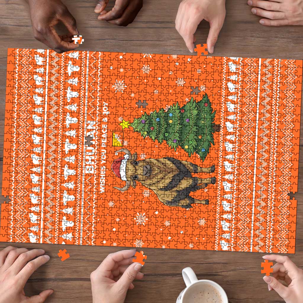 Bhutan Christmas Puzzle with Takin Santa Hat Christmas Tree and Snowflake Pattern in Orange - Wonder Print Shop