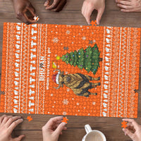 Bhutan Christmas Puzzle with Takin Santa Hat Christmas Tree and Snowflake Pattern in Orange - Wonder Print Shop