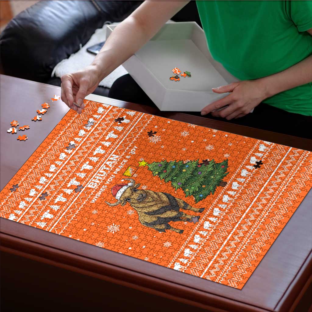 Bhutan Christmas Puzzle with Takin Santa Hat Christmas Tree and Snowflake Pattern in Orange - Wonder Print Shop