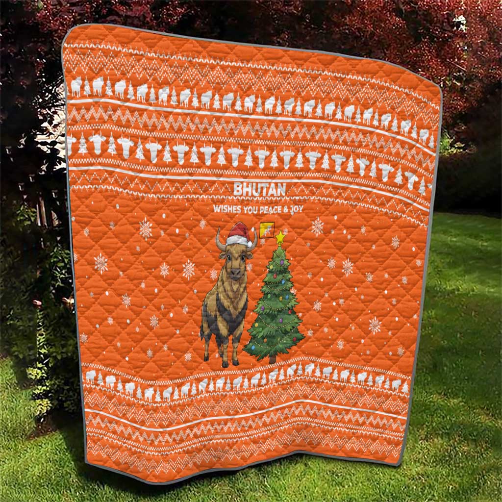 Bhutan Christmas Quilt with Takin Santa Hat Christmas Tree and Snowflake Pattern in Orange - Wonder Print Shop