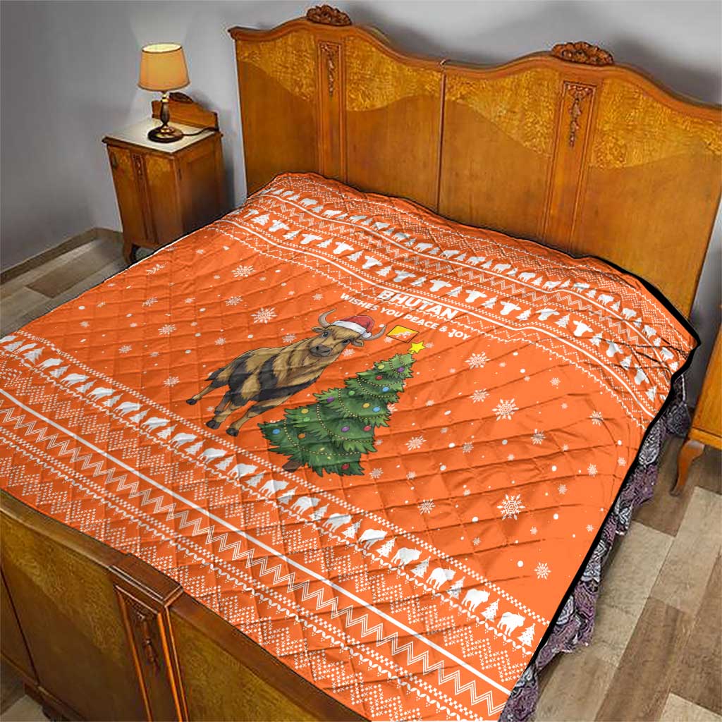 Bhutan Christmas Quilt with Takin Santa Hat Christmas Tree and Snowflake Pattern in Orange - Wonder Print Shop
