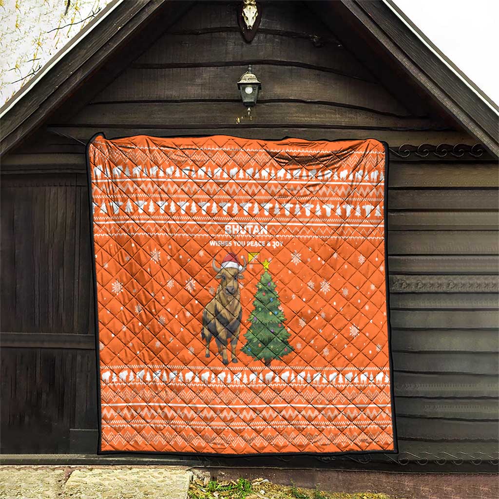 Bhutan Christmas Quilt with Takin Santa Hat Christmas Tree and Snowflake Pattern in Orange - Wonder Print Shop