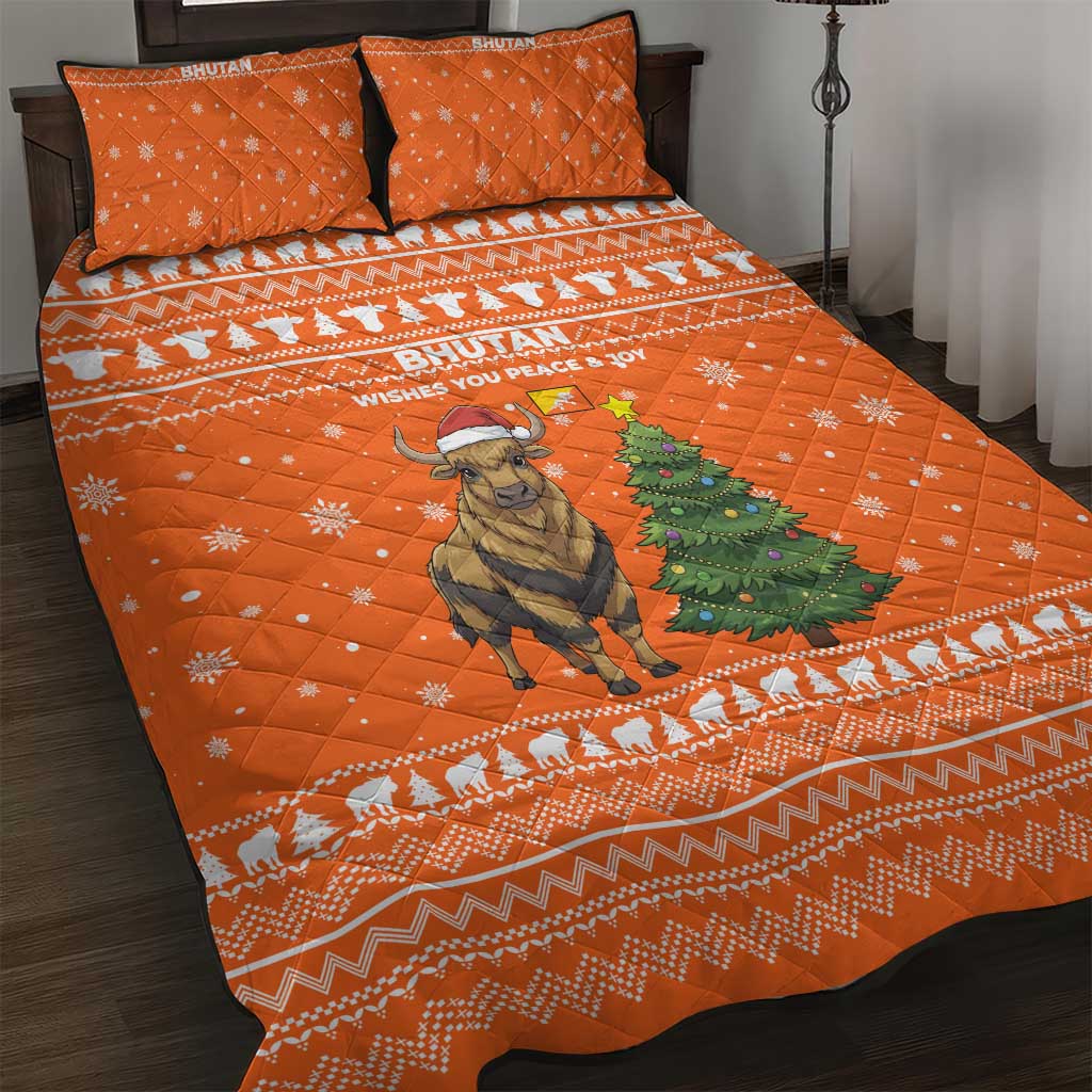 Bhutan Christmas Quilt Bed Set with Takin Santa Hat Christmas Tree and Snowflake Pattern in Orange - Wonder Print Shop
