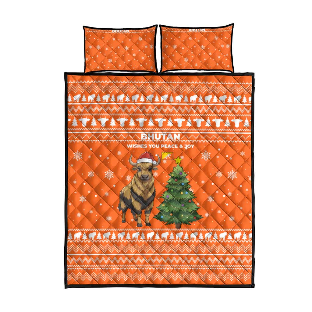 Bhutan Christmas Quilt Bed Set with Takin Santa Hat Christmas Tree and Snowflake Pattern in Orange - Wonder Print Shop