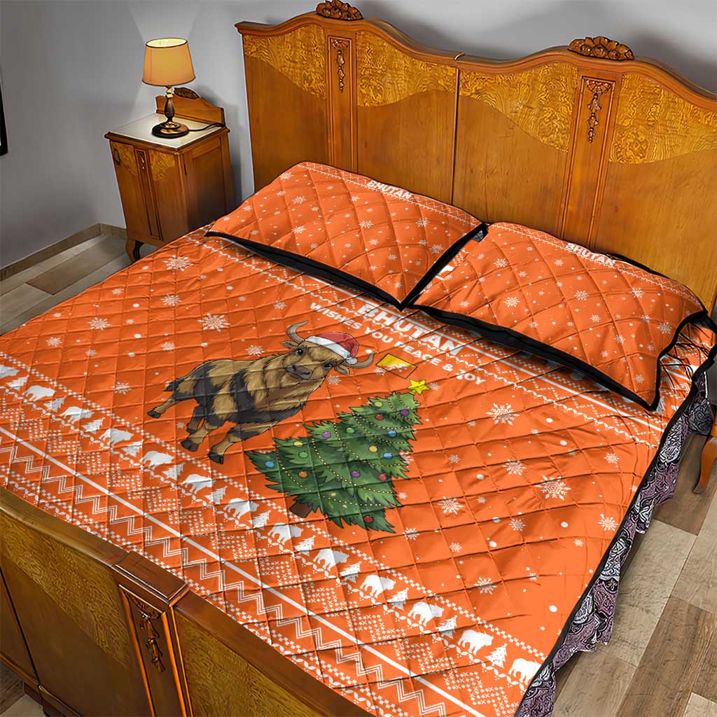 Bhutan Christmas Quilt Bed Set with Takin Santa Hat Christmas Tree and Snowflake Pattern in Orange - Wonder Print Shop