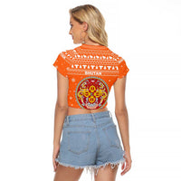 Bhutan Christmas Raglan Cropped T Shirt with Takin Santa Hat Christmas Tree and Snowflake Pattern in Orange - Wonder Print Shop