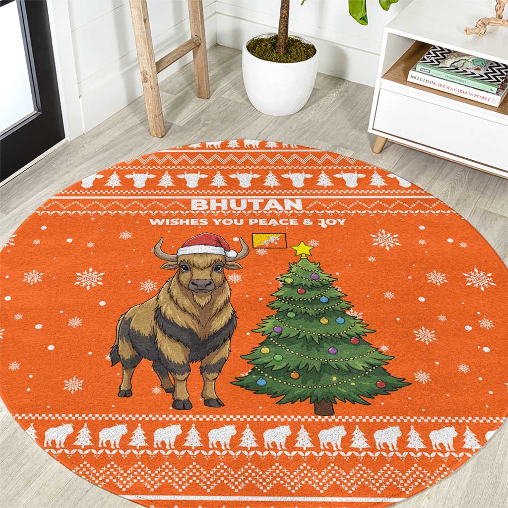 Bhutan Christmas Round Carpet with Takin Santa Hat Christmas Tree and Snowflake Pattern in Orange - Wonder Print Shop