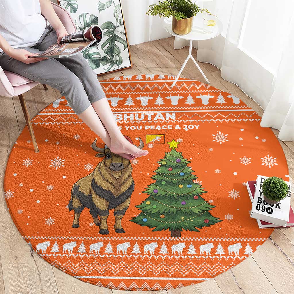 Bhutan Christmas Round Carpet with Takin Santa Hat Christmas Tree and Snowflake Pattern in Orange - Wonder Print Shop